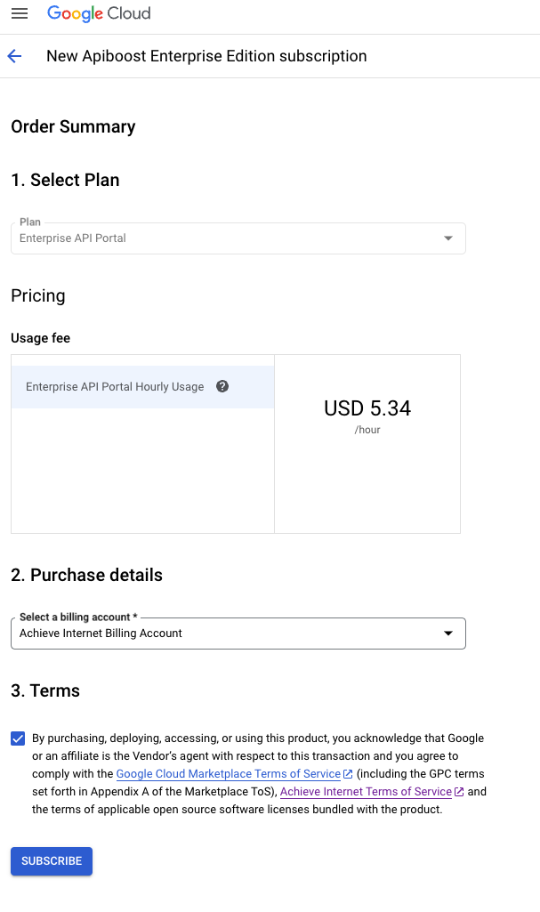 Screenshot of the subscription billing configuration screen.