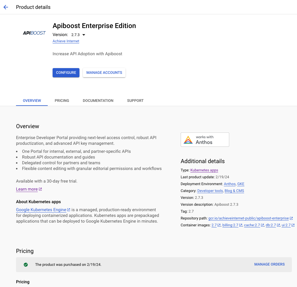 Screenshot of the Apiboost product page showing the purchase confirmation and the Configure button.