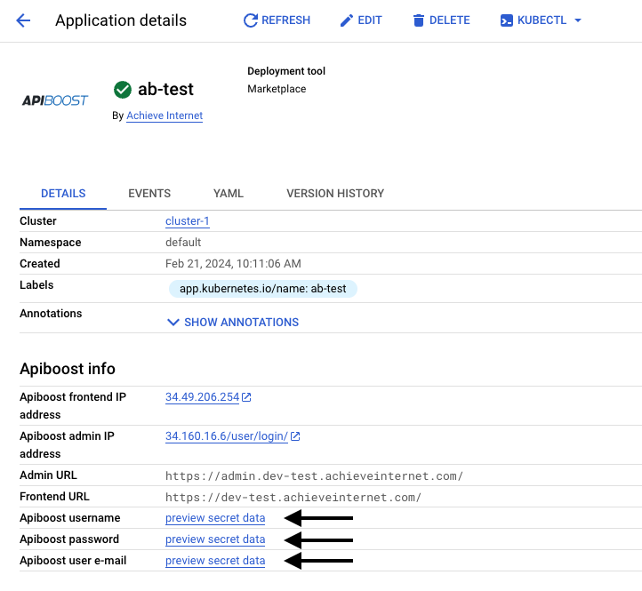 Screenshot of the app info page with markers highlighting the default admin credentials.