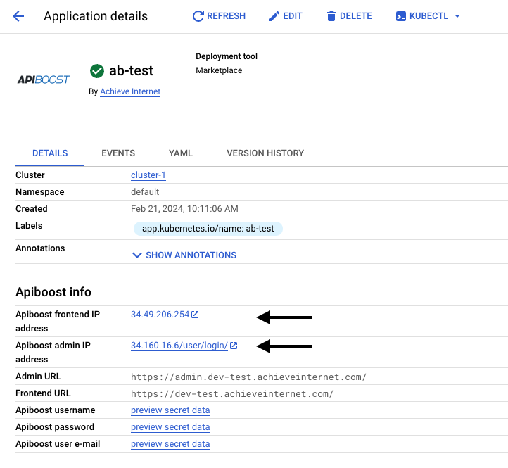 Screenshot of the app information screen with markers pointing to the site IP addresses.