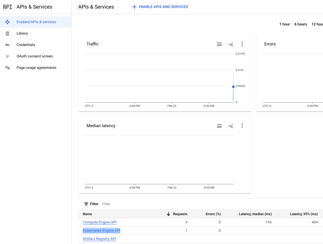API configuration screen showing the Kubernetes Engine API enabled.