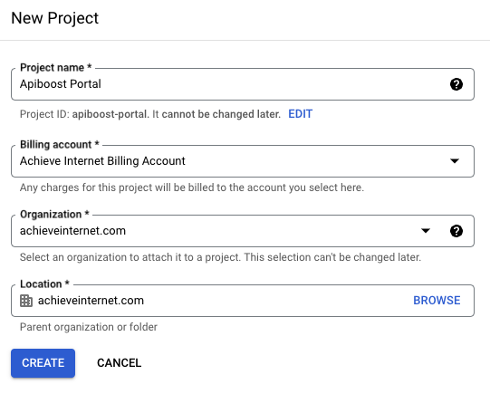 Screenshot of the create project dialog.
