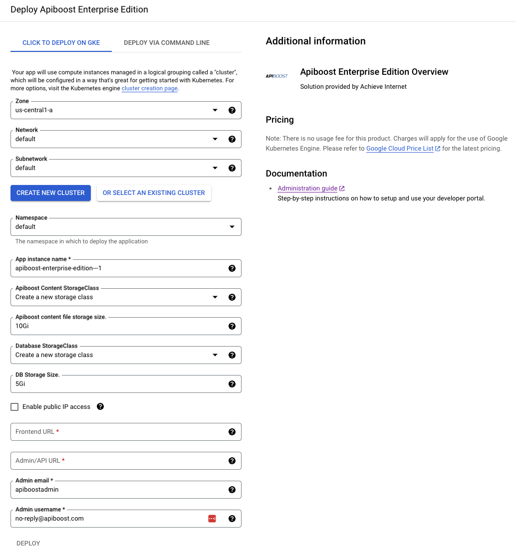 Screenshot of the Kubernetes configuration screen.