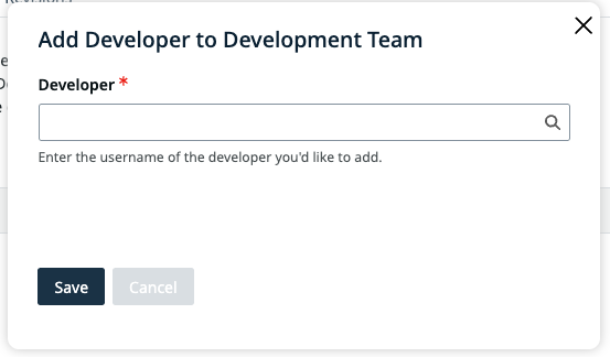 Add Developer modal with a Developer search field and Save button