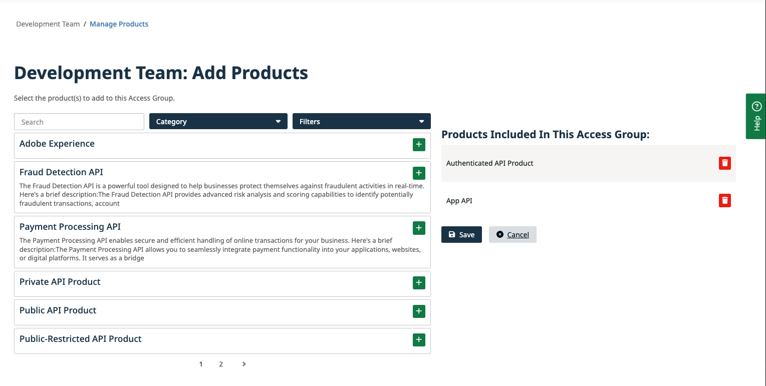 Add Products page showing available products on the left with add buttons and included products on the right