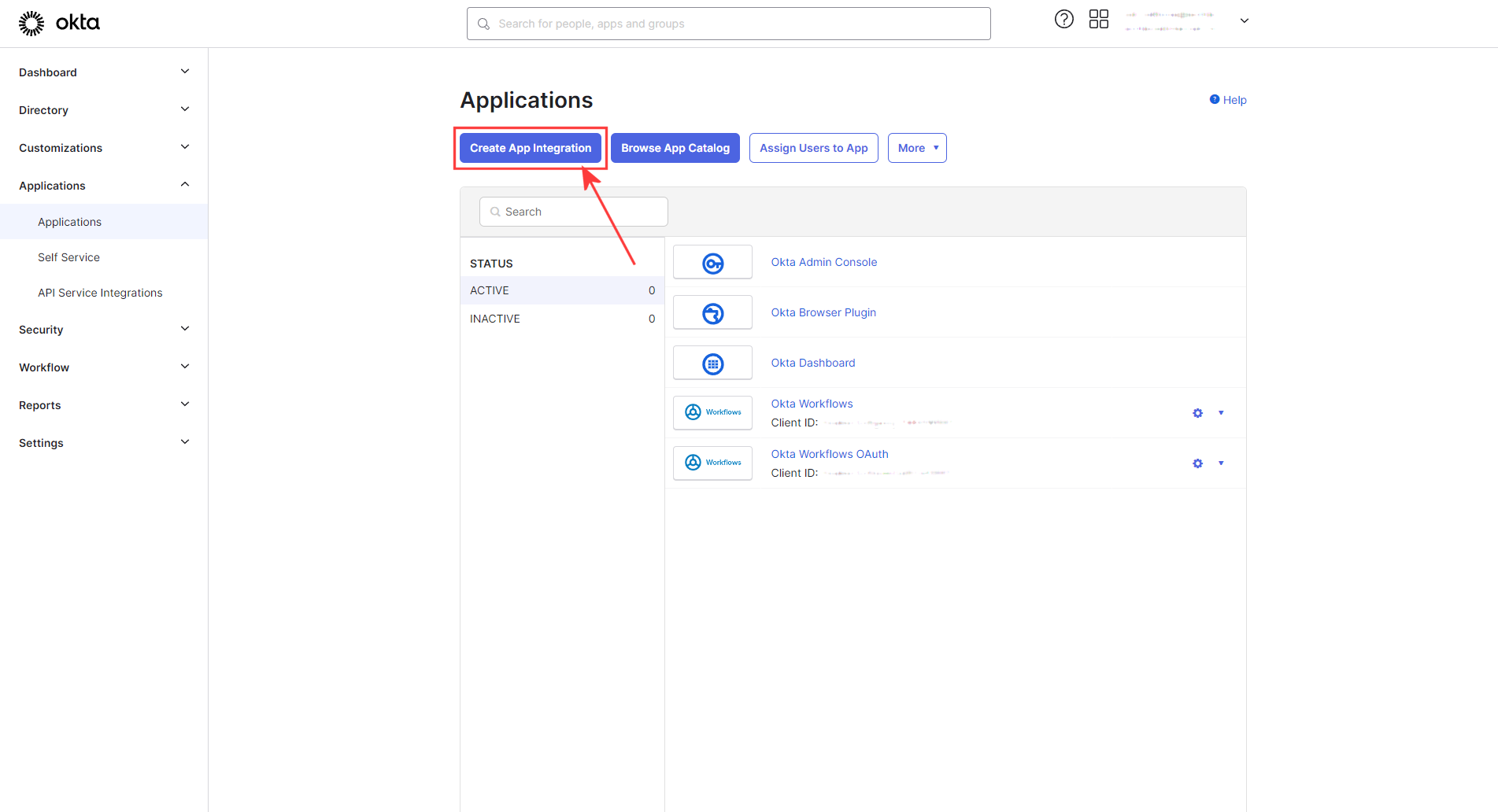 The  Applications screen in Okta