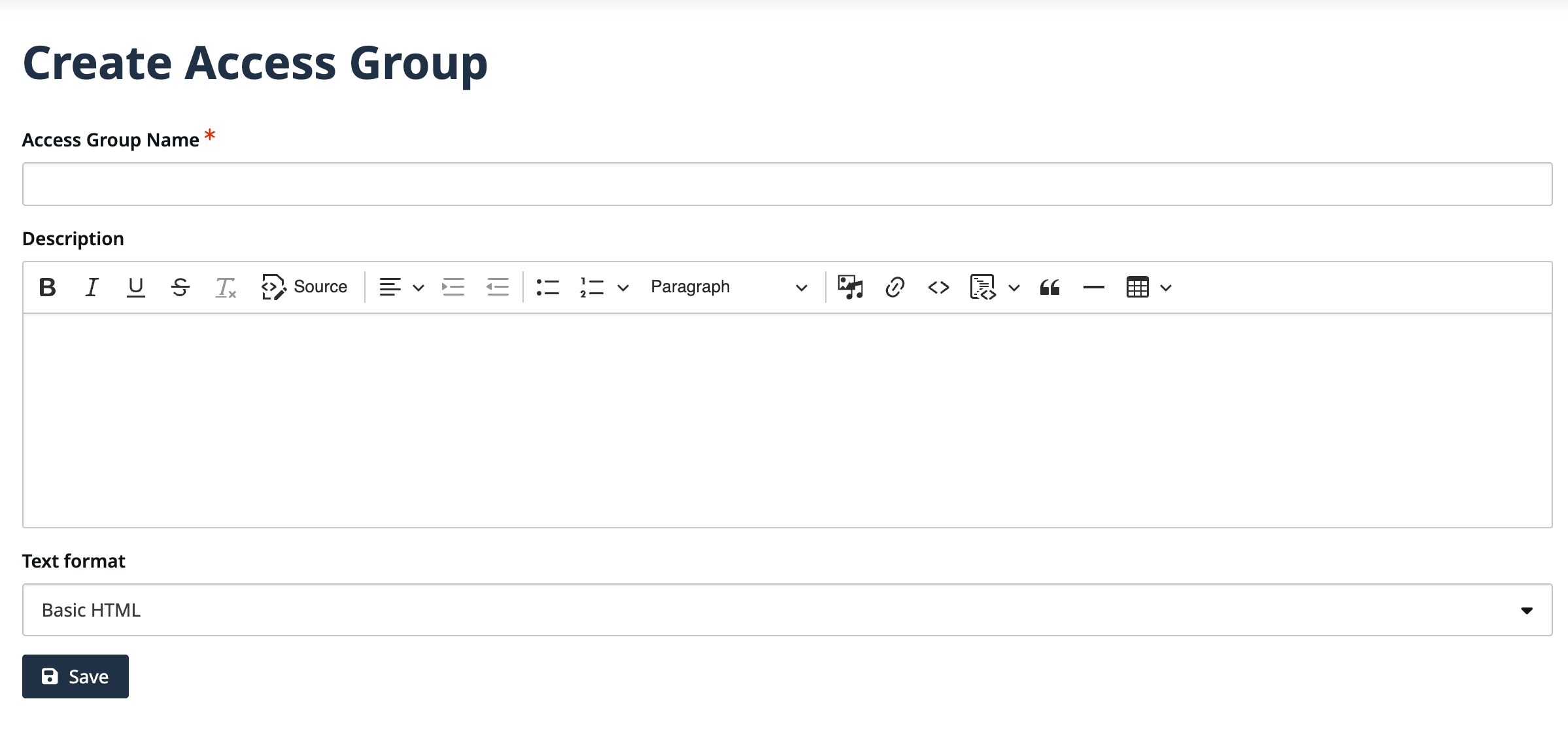 Create Access Group form with Access Group Name and Description fields